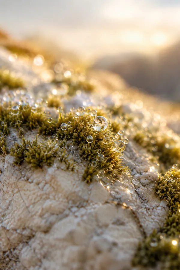 Warm macro photograph of lichen and moss growing across stone.