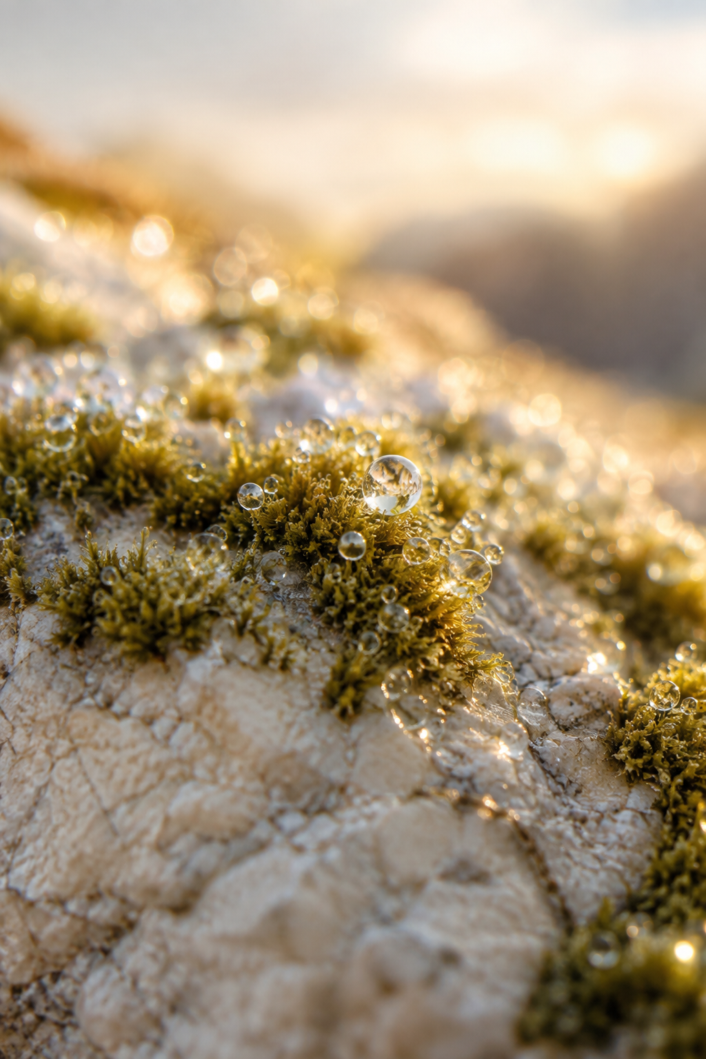 Warm macro photograph of lichen and moss growing across stone.